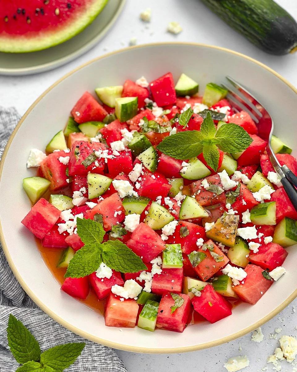 Watermelon salad with cucumber and feta cheese garnished with mint leaves