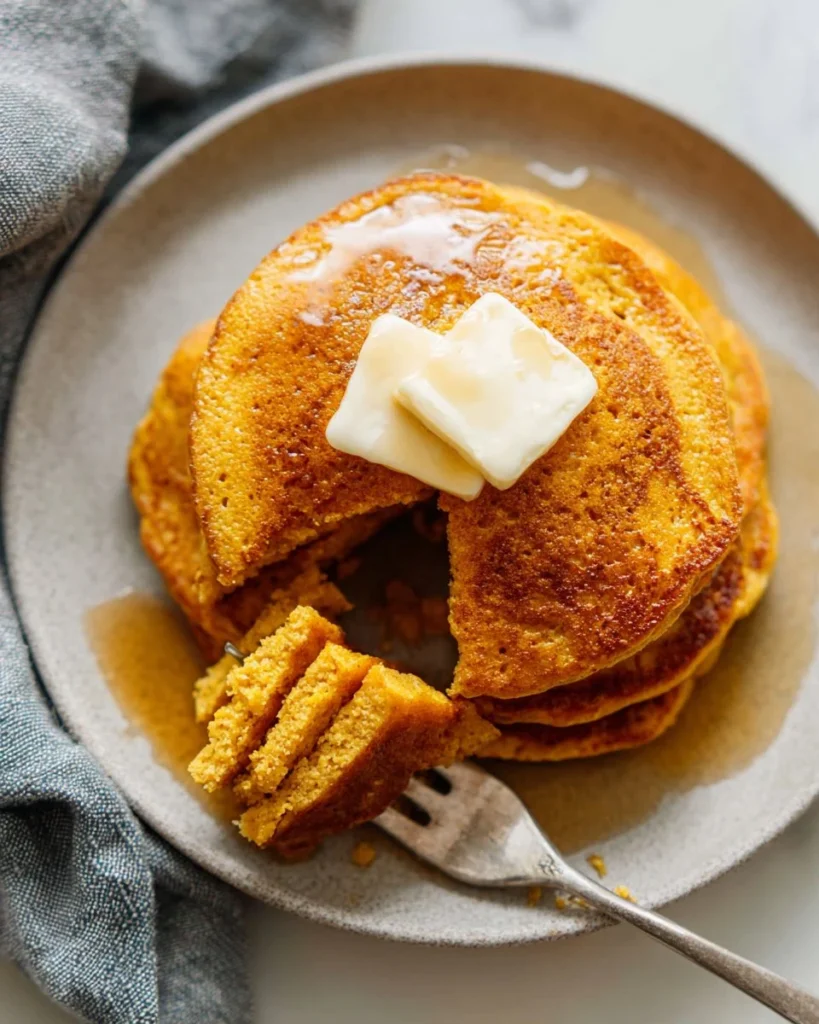Delicious whole wheat pumpkin pancakes topped with syrup and cinnamon.