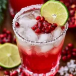 Close-up of a festive Winter Margarita in a frosted glass with seasonal garnishes