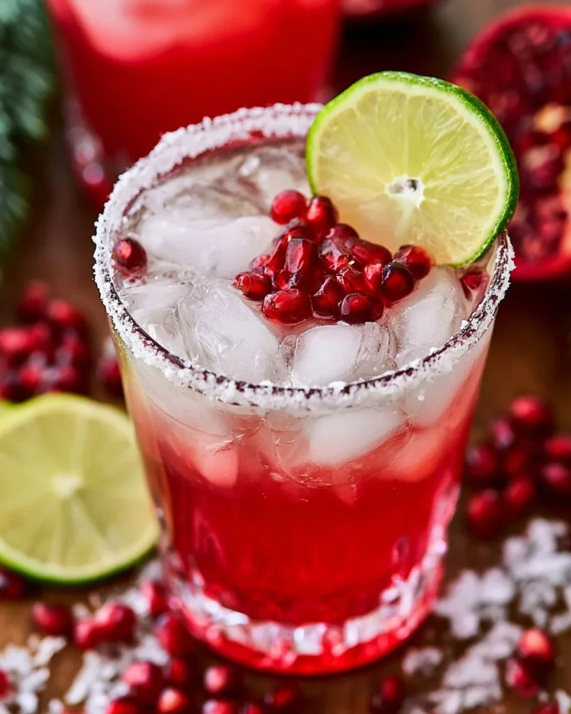 Close-up of a festive Winter Margarita in a frosted glass with seasonal garnishes