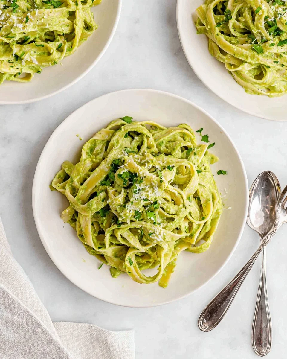 Delicious vegan avocado pasta served in a bowl with fresh herbs