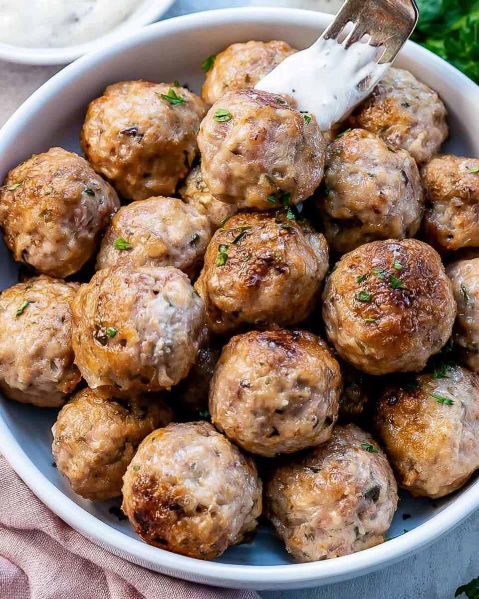 Crispy air fryer meatballs served on a plate with dipping sauce