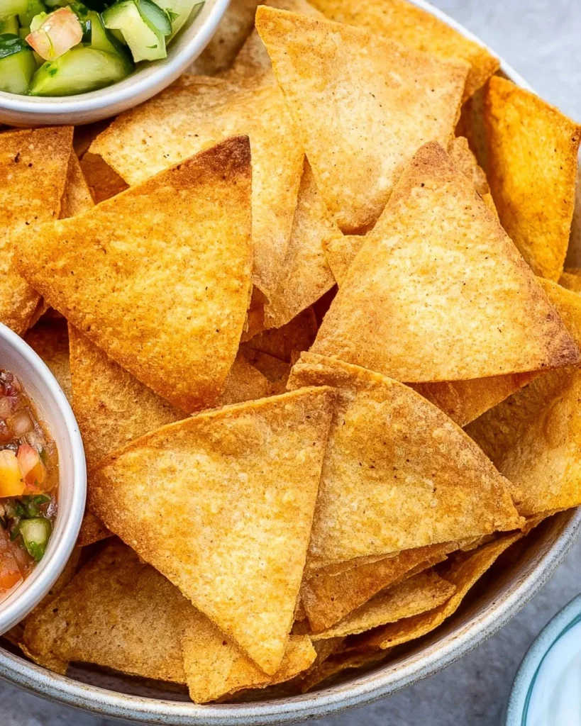Bowl of easy baked tortilla chips served with salsa
