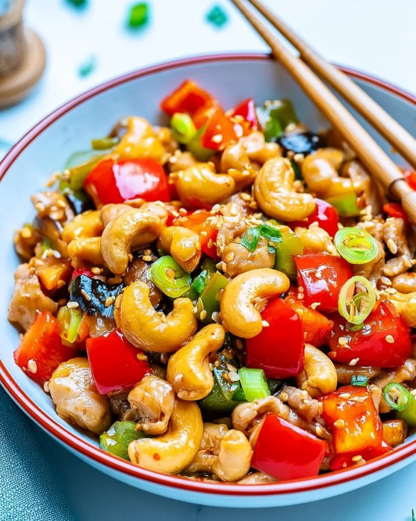 Easy Cashew Chicken Stir Fry served in a bowl, garnished with green onions