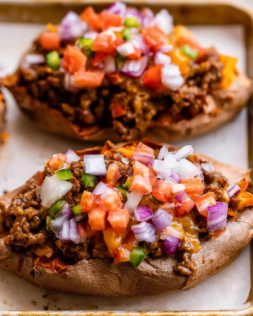 Ground beef stuffed sweet potatoes topped with cheeseburger ingredients