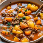 Bowl of easy hamburger soup with vegetables and beef