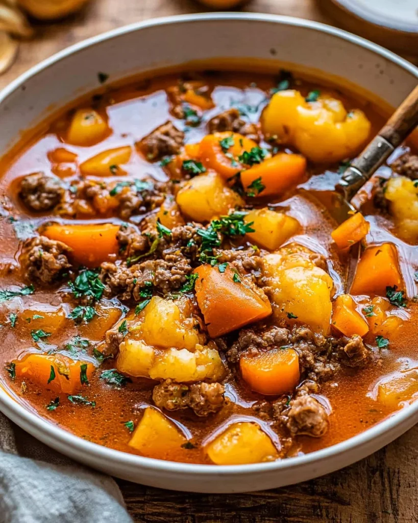Bowl of easy hamburger soup with vegetables and beef