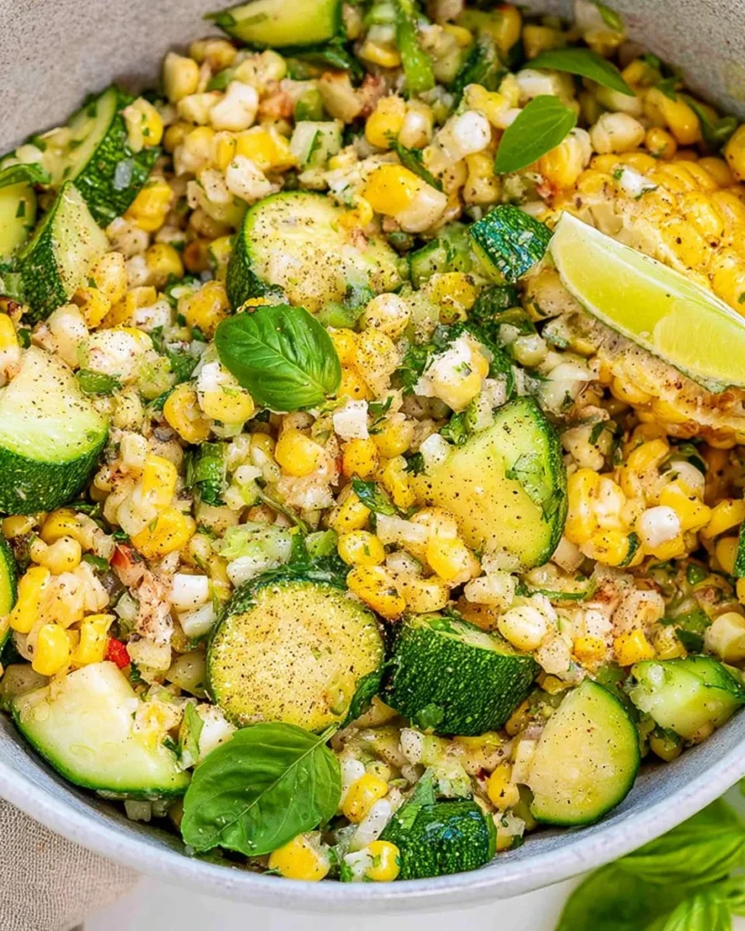 Fresh corn zucchini salad with colorful vegetables in a bowl