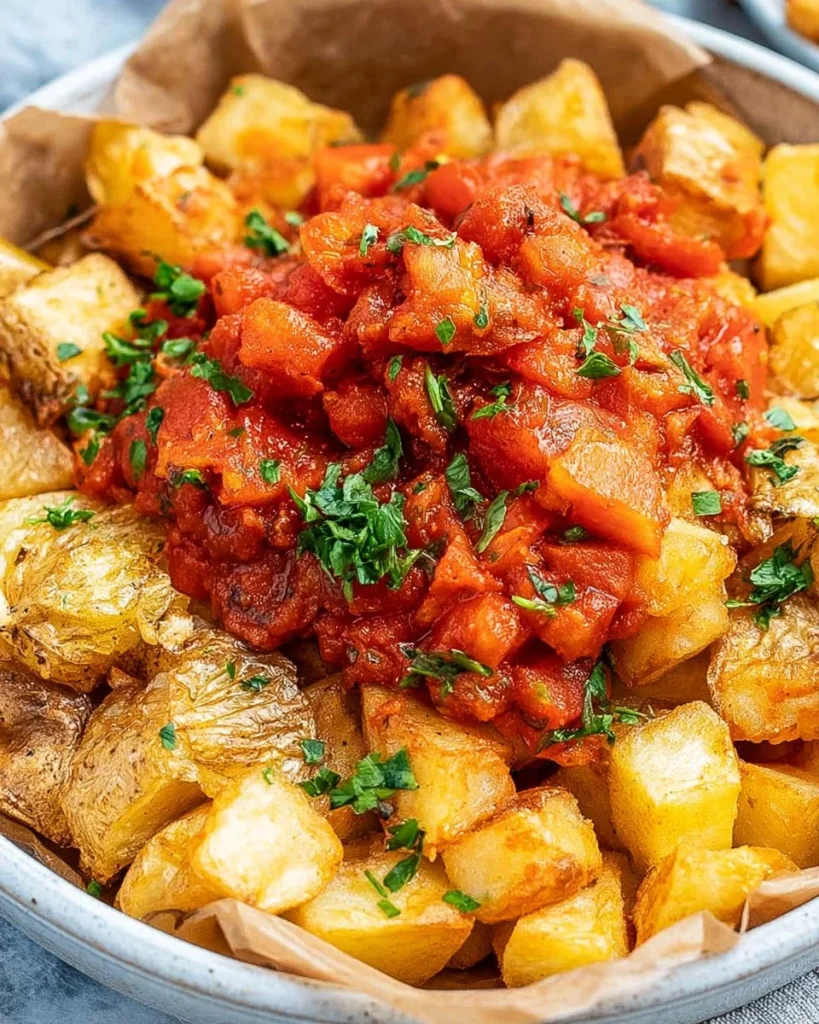 Delicious and healthier patatas bravas served with a spicy dipping sauce