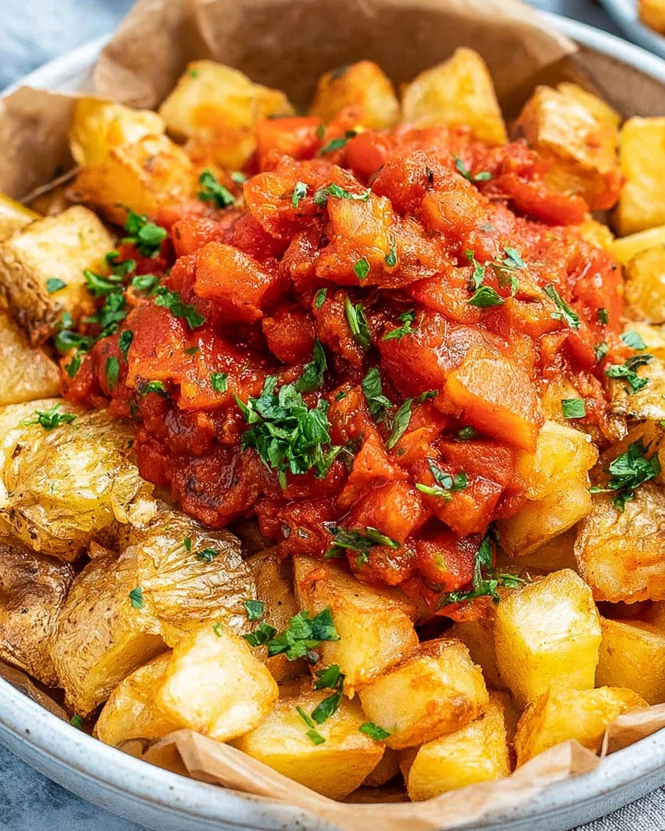 Delicious and healthier patatas bravas served with a spicy dipping sauce
