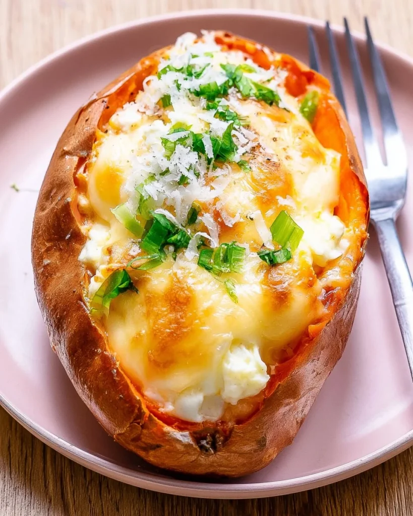 High Protein Cheese Stuffed Sweet Potato with melted cheese filling