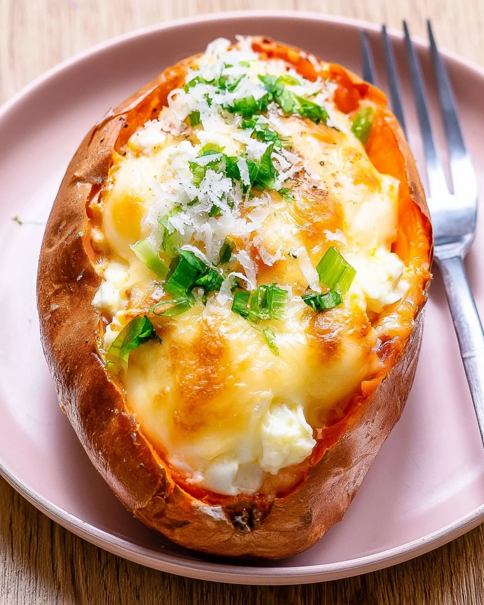 High Protein Cheese Stuffed Sweet Potato with melted cheese filling