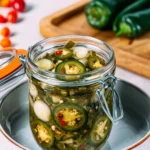 Homemade pickled jalapeños in a jar for tacos and nachos