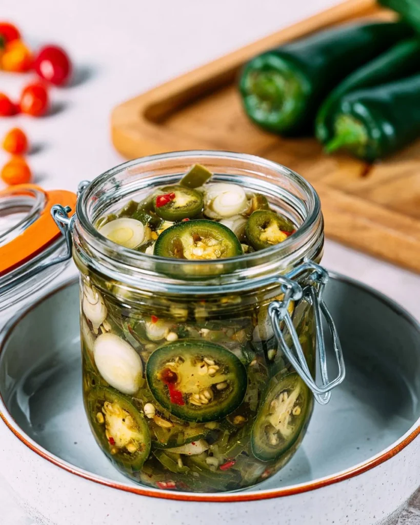 Homemade pickled jalapeños in a jar for tacos and nachos
