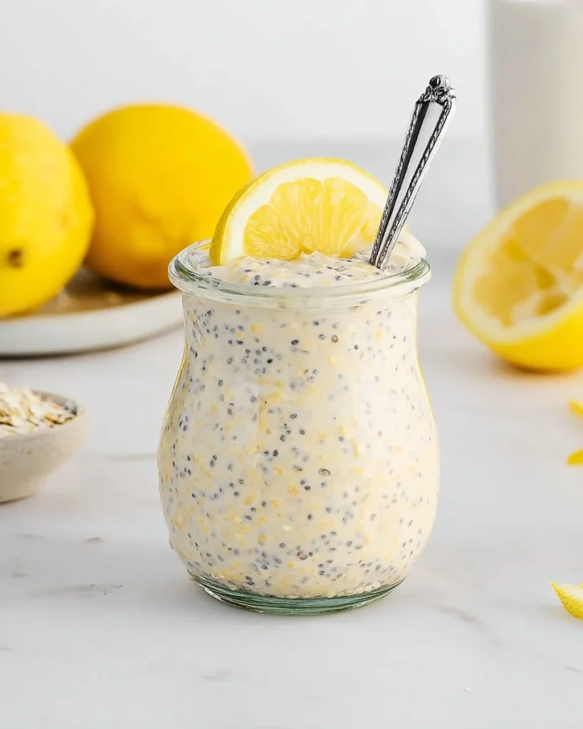 Bowl of lemon poppyseed overnight oats topped with fresh lemon and poppy seeds.