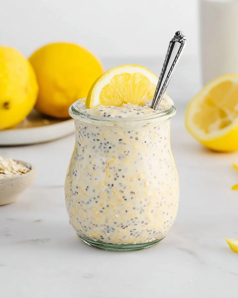 Bowl of lemon poppyseed overnight oats topped with fresh lemon and poppy seeds.