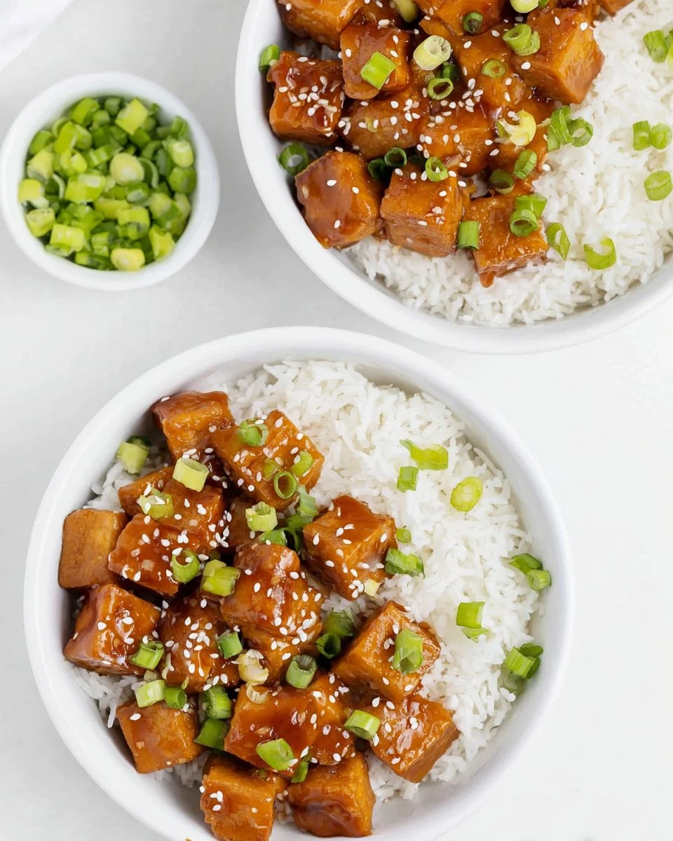 Delicious orange tofu dish with vibrant orange sauce and vegetables