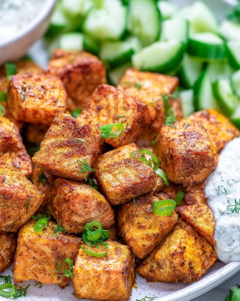 Delicious roasted salmon bites garnished and served on a plate