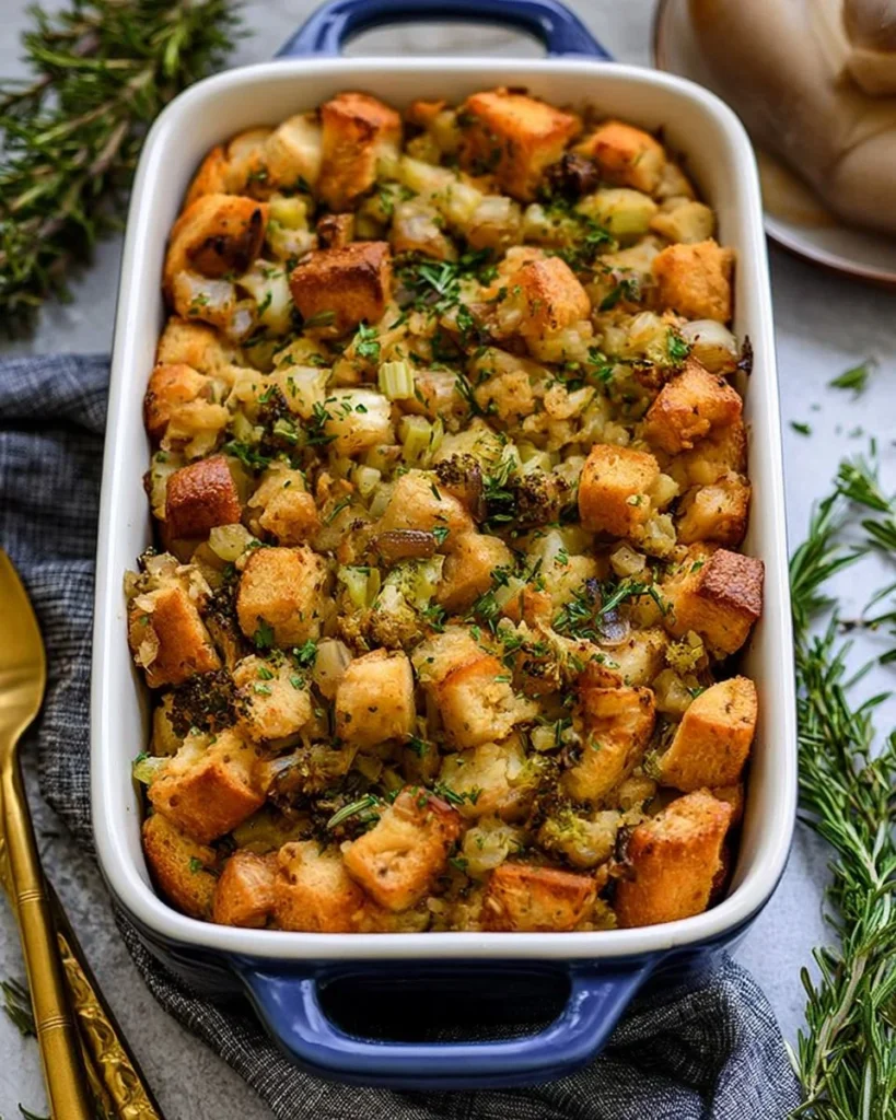 Bowl of simple vegan stuffing with vegetables and herbs