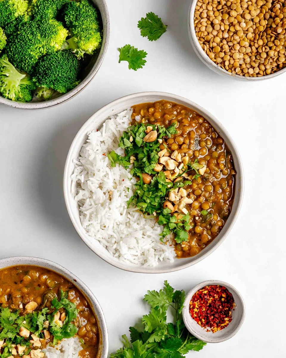 Slow cooker lentil curry served with rice in a bowl