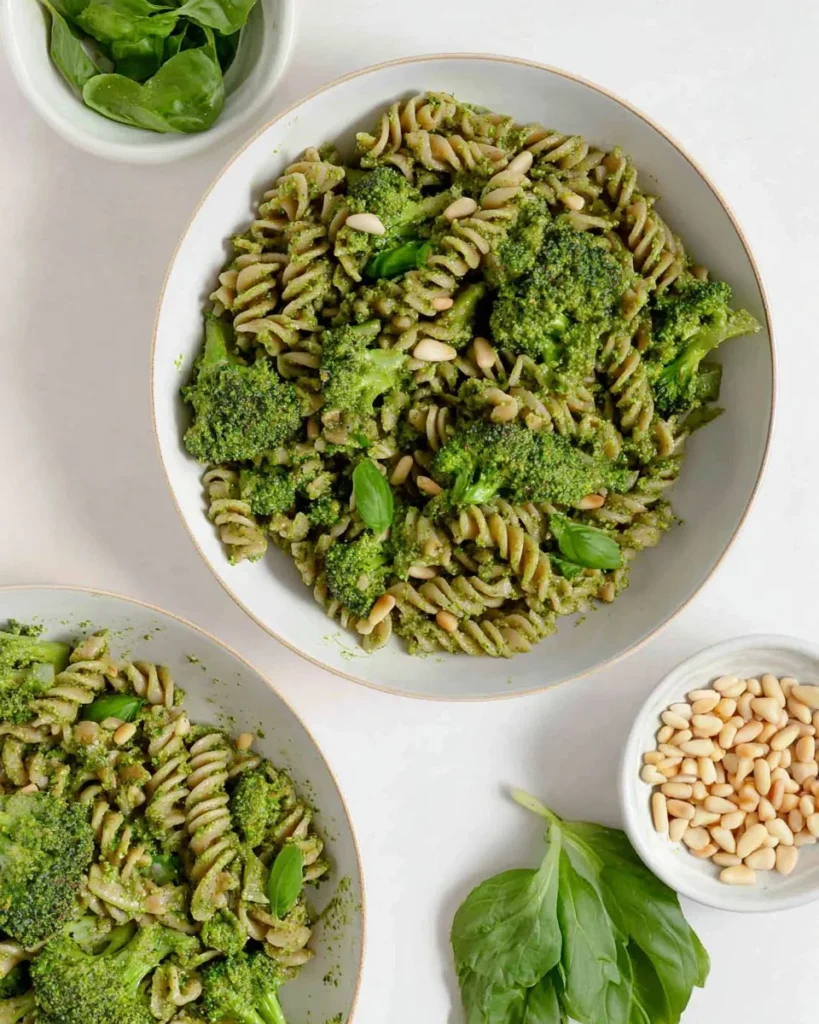 Vegan broccoli pesto pasta with fresh basil and walnuts in a serving bowl