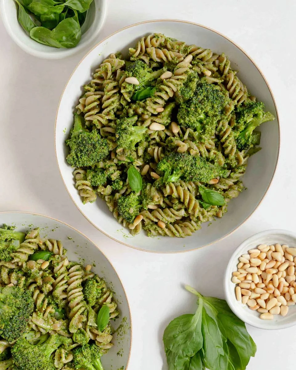 Vegan broccoli pesto pasta with fresh basil and walnuts in a serving bowl