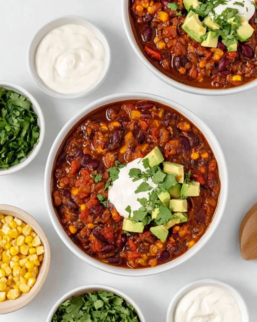 Bowl of vegan tempeh chili with fresh herbs and spices