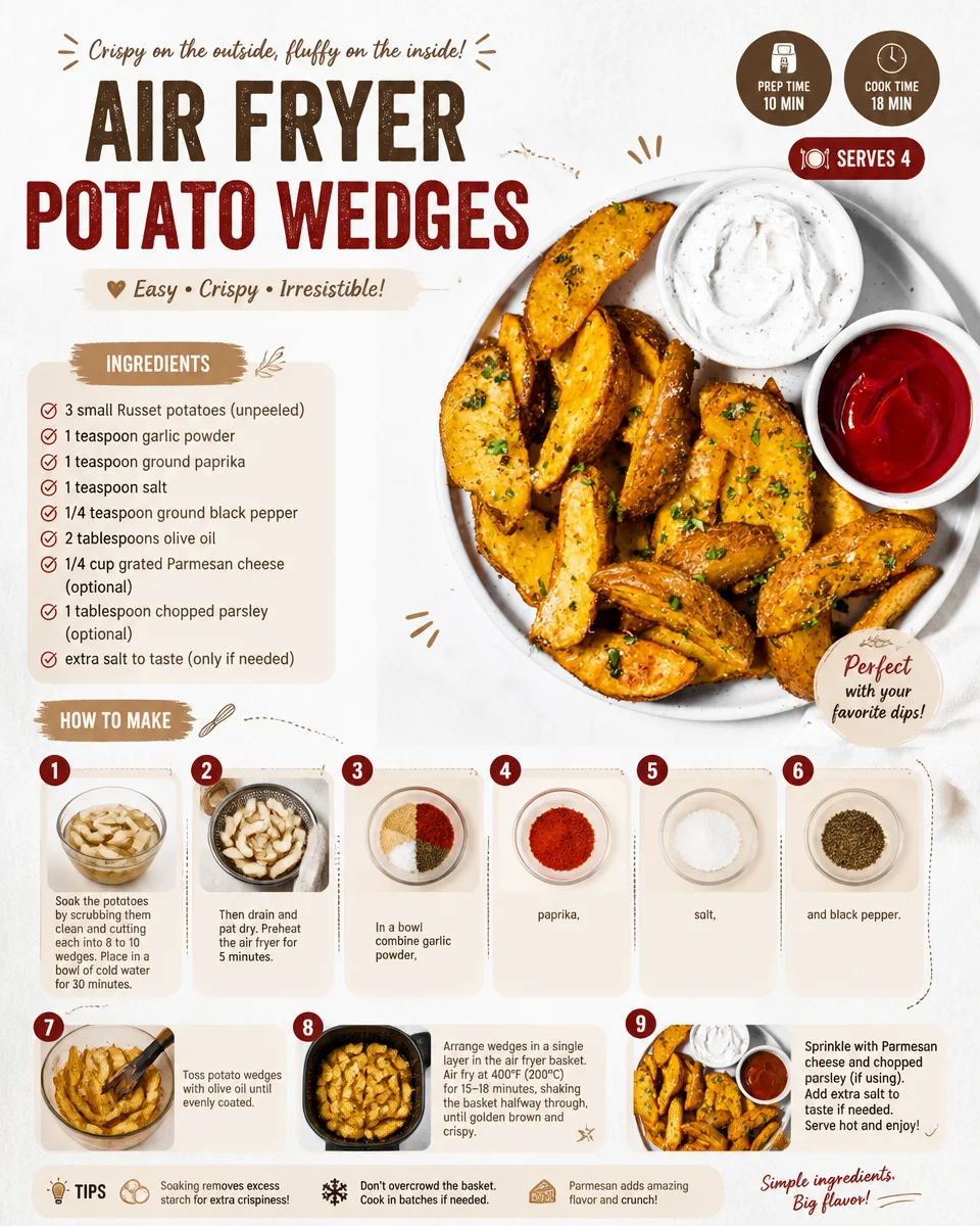 Crispy air fryer potato wedges served in a bowl with dipping sauce.