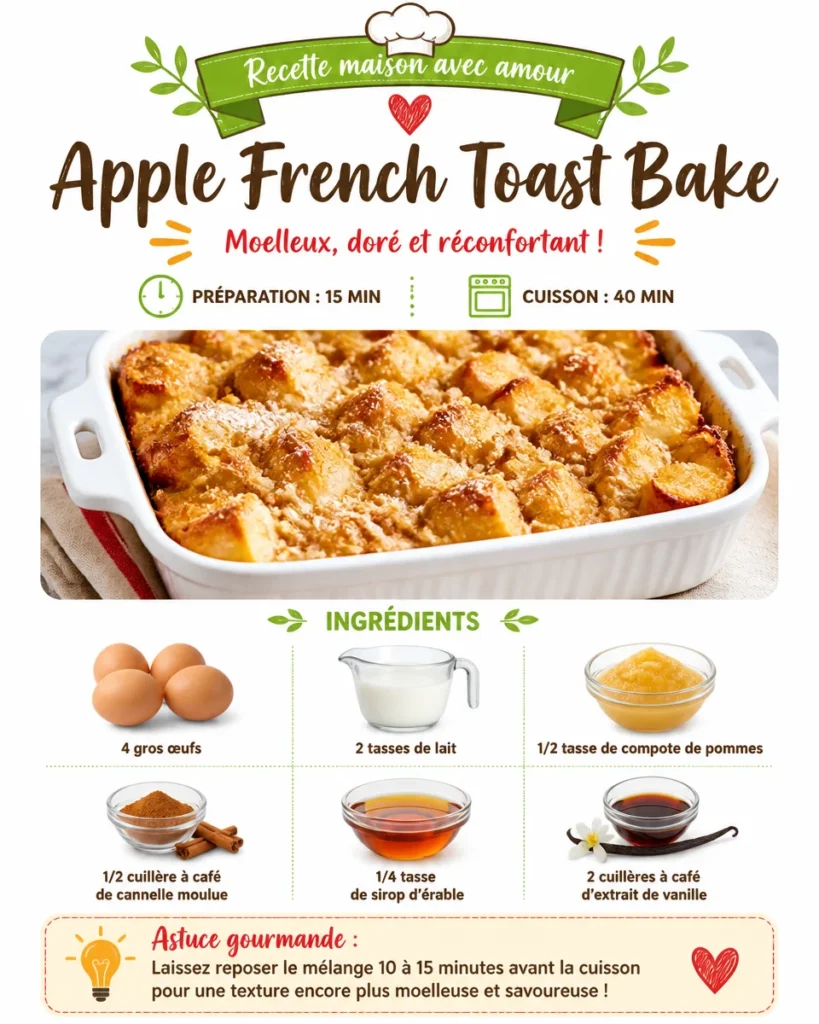 Delicious Apple French Toast Bake topped with cinnamon and apples