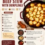 Delicious beef stew with fluffy dumplings served in a bowl