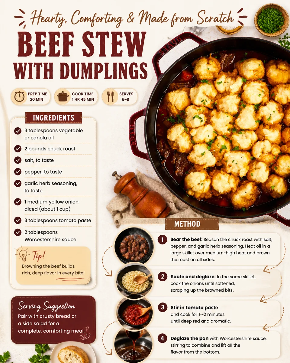 Delicious beef stew with fluffy dumplings served in a bowl