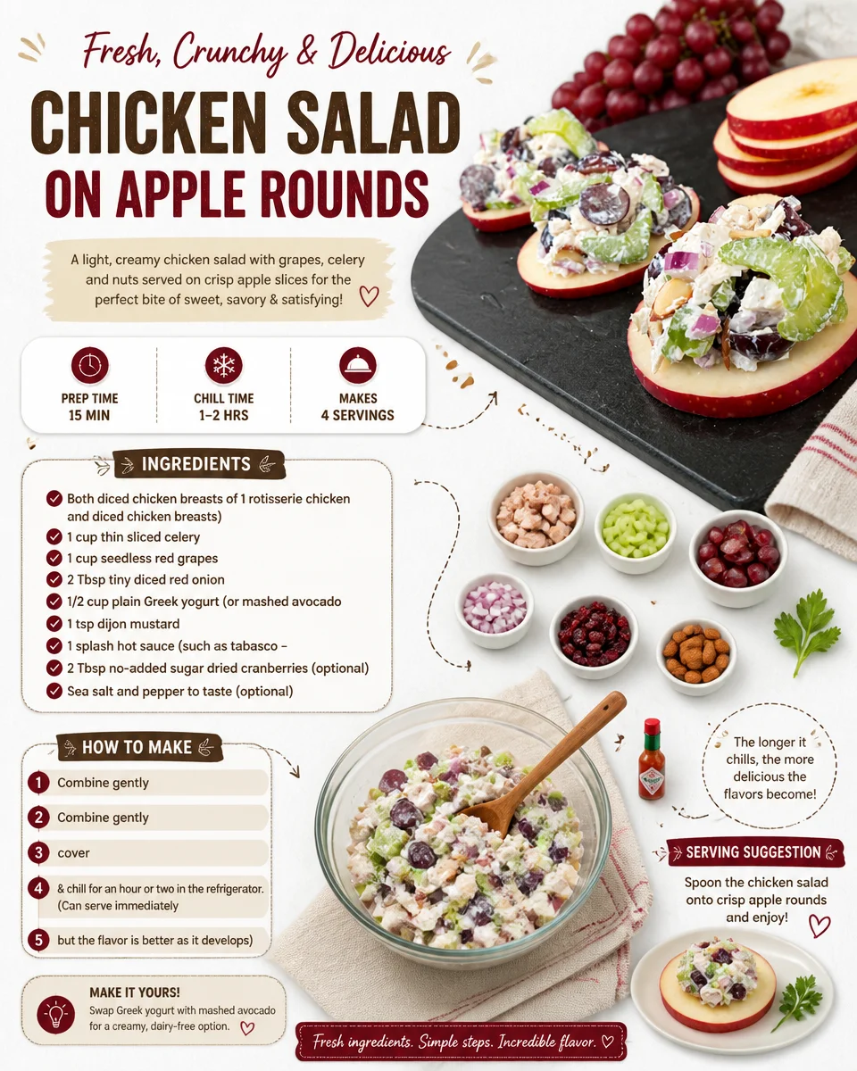 Chicken salad served on crisp apple rounds for a healthy snack
