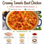 Creamy tomato basil chicken dish with fresh basil and succulent chicken pieces