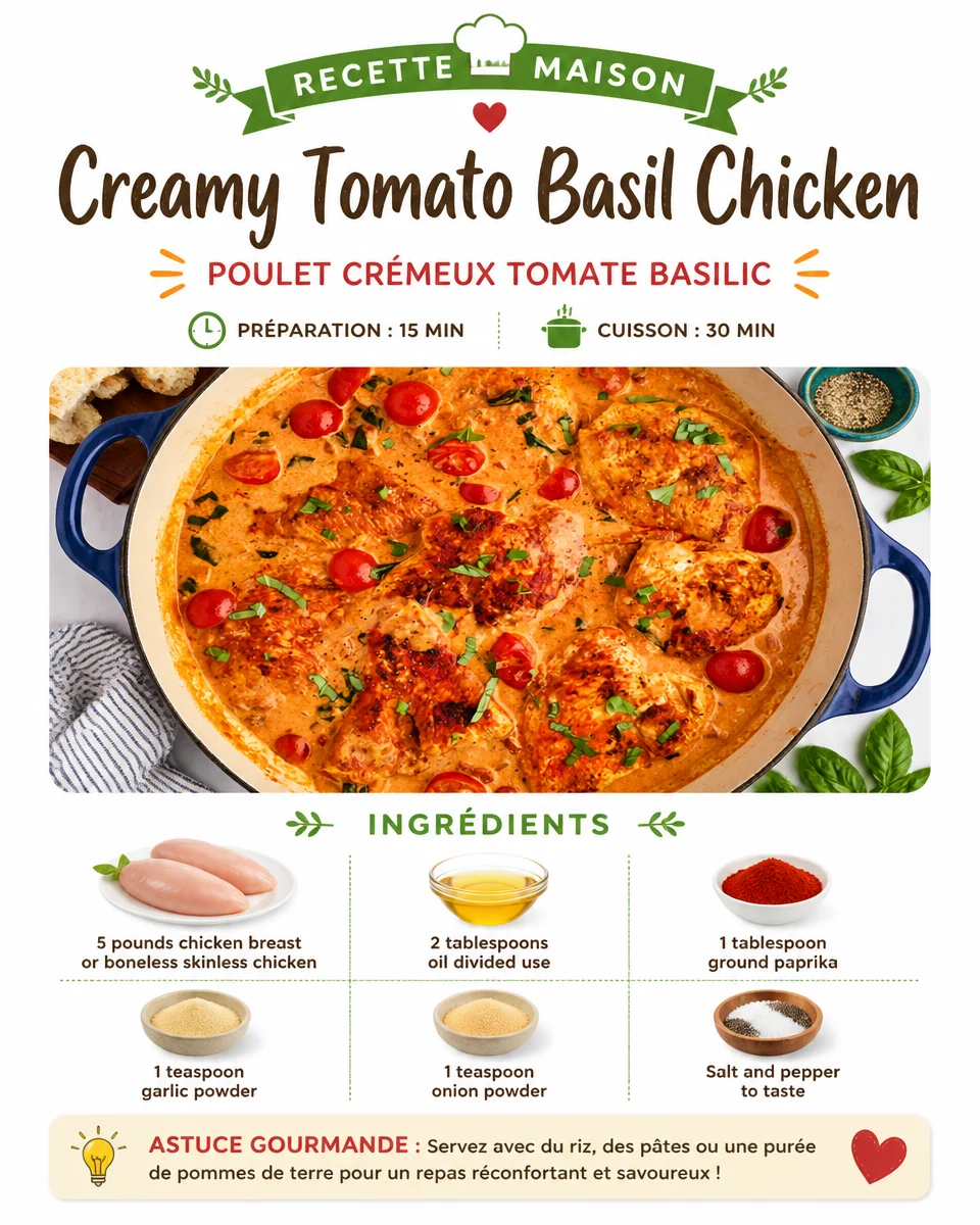 Creamy tomato basil chicken dish with fresh basil and succulent chicken pieces