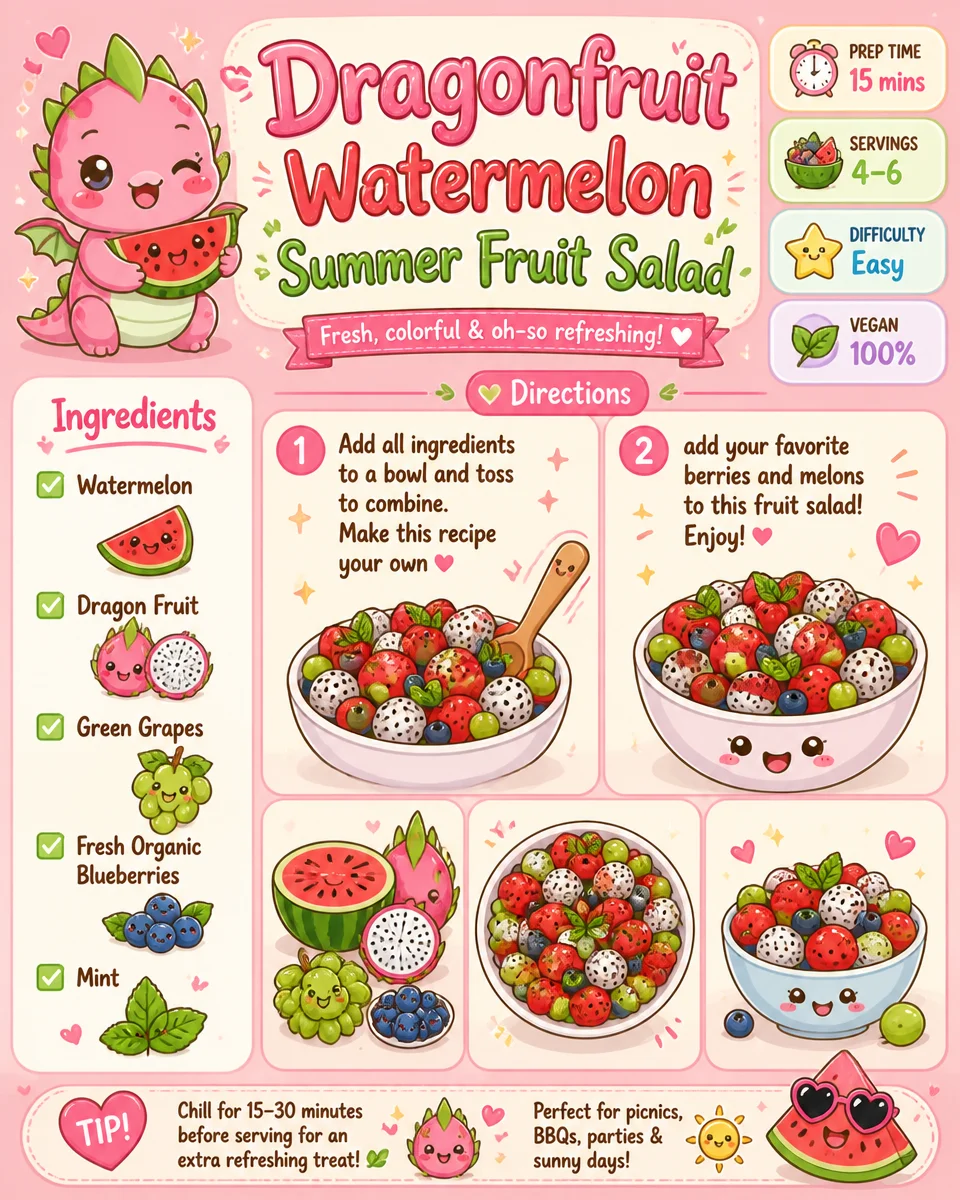 Colorful dragonfruit watermelon summer fruit salad in a bowl