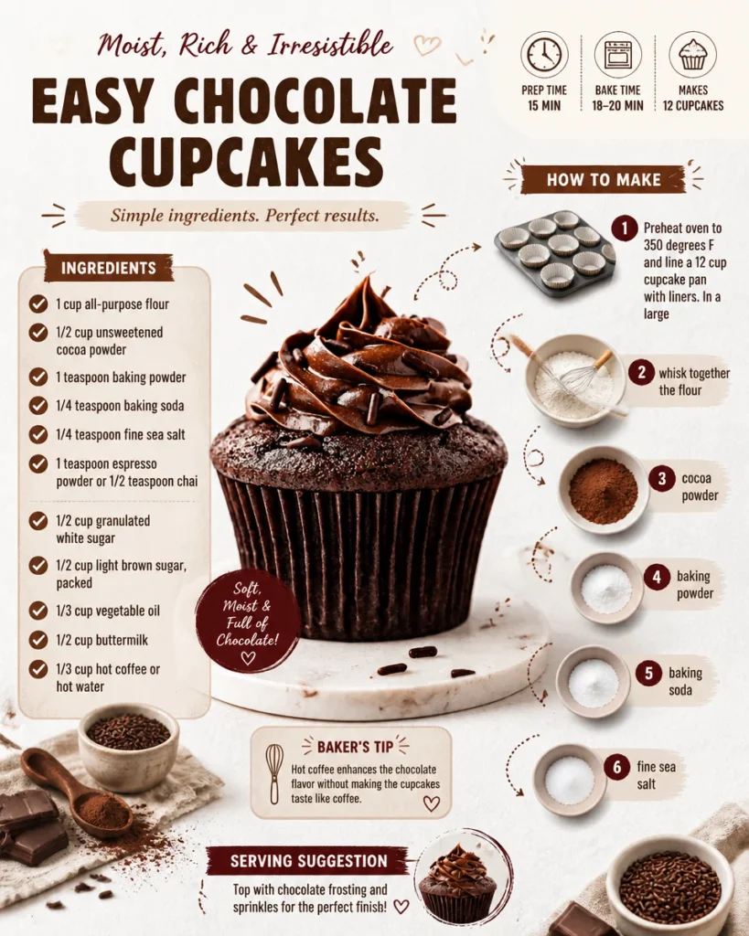 Delicious easy chocolate cupcakes topped with frosting