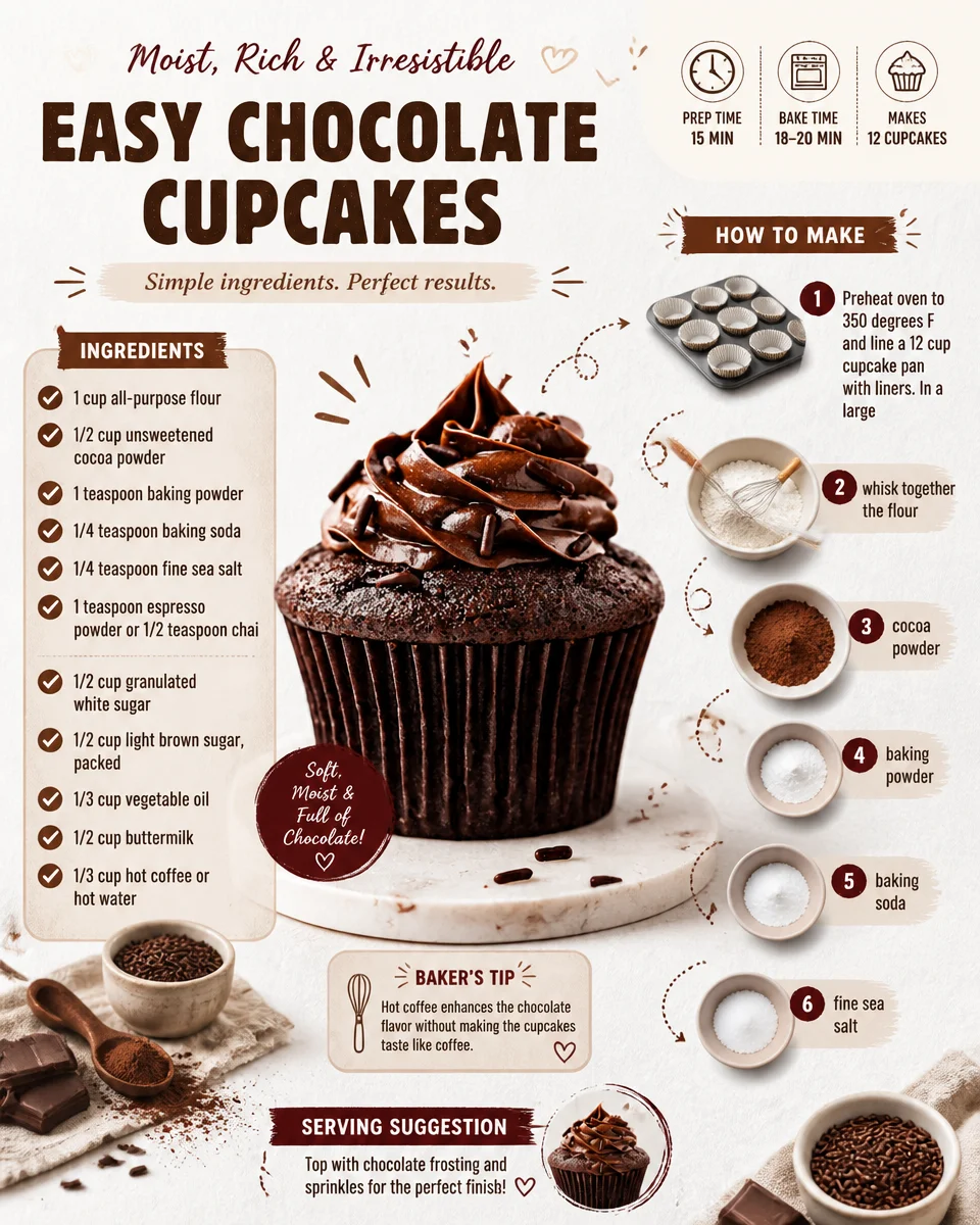 Delicious easy chocolate cupcakes topped with frosting