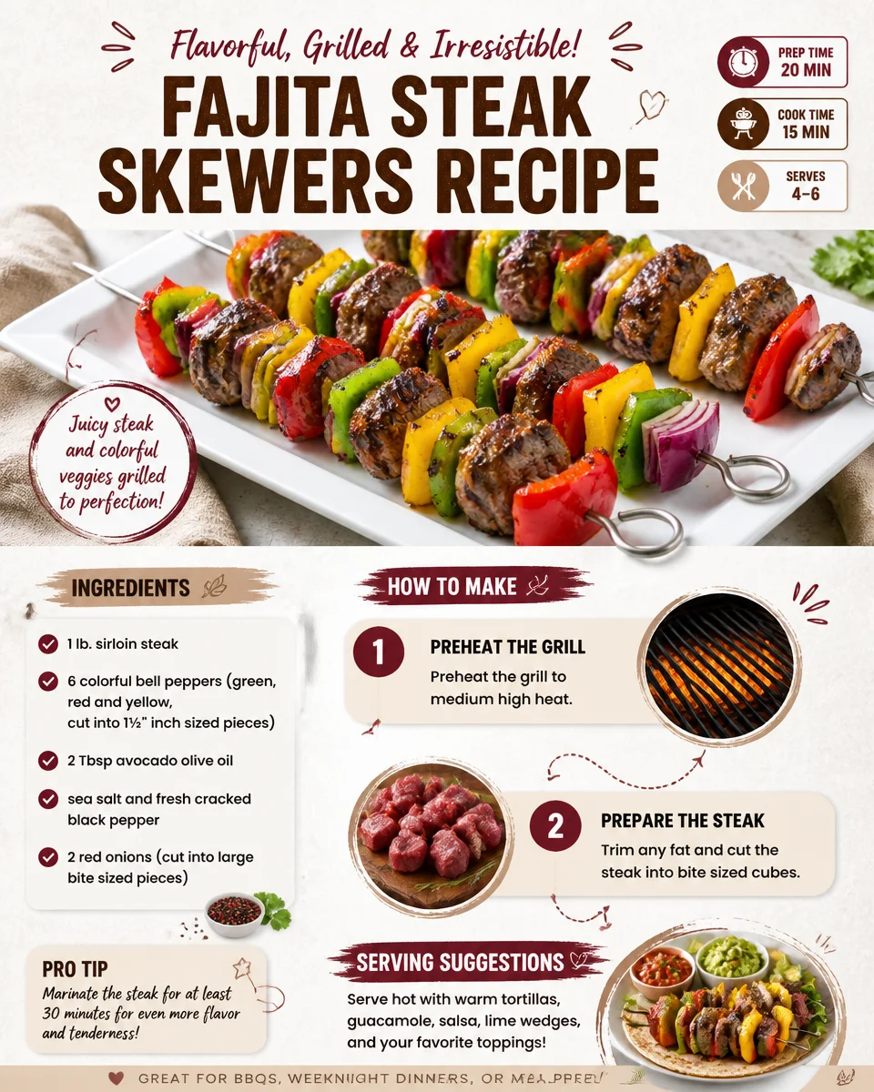 Grilled fajita steak skewers with colorful bell peppers and onions.