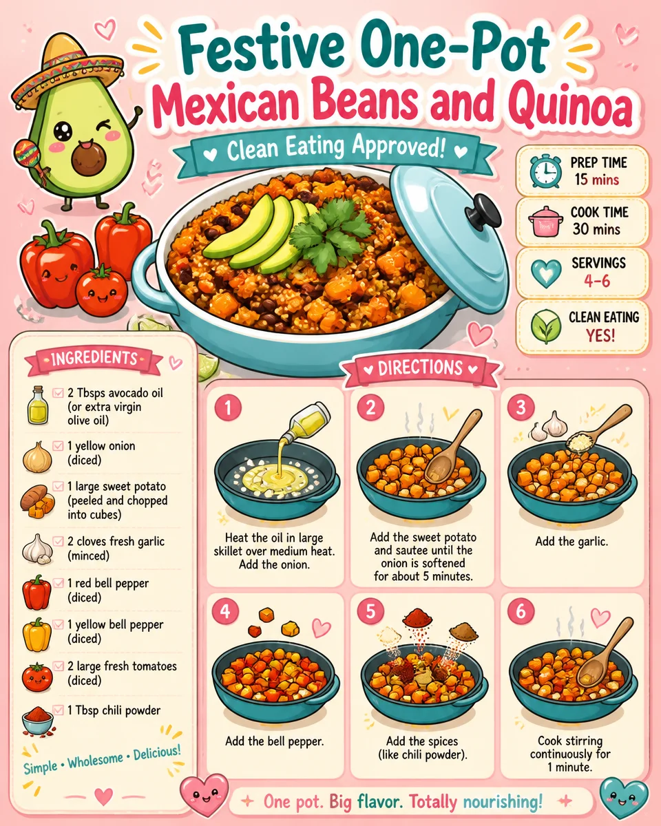 Festive one-pot Mexican beans and quinoa dish, perfect for clean eating.