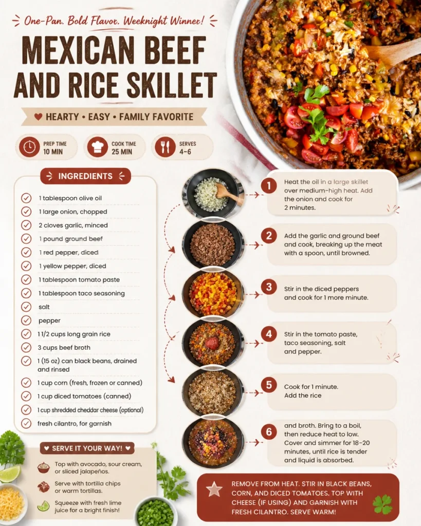 Mexican Beef and Rice Skillet served in a vibrant dish