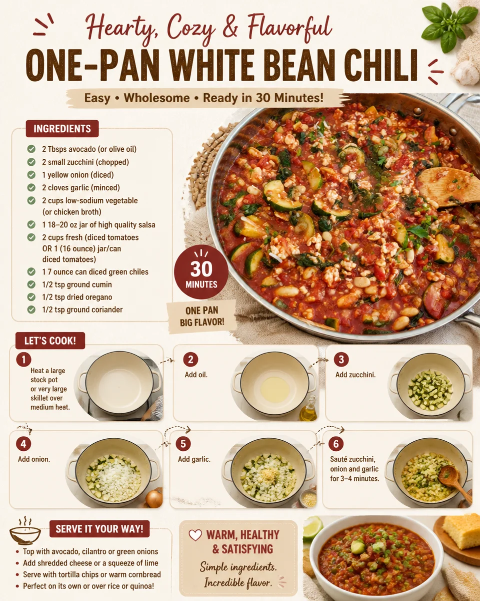 A hearty one-pan white bean chili served in a bowl with toppings