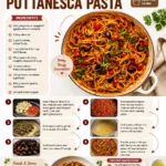 Plate of Pasta Puttanesca with olives, capers, and tomatoes