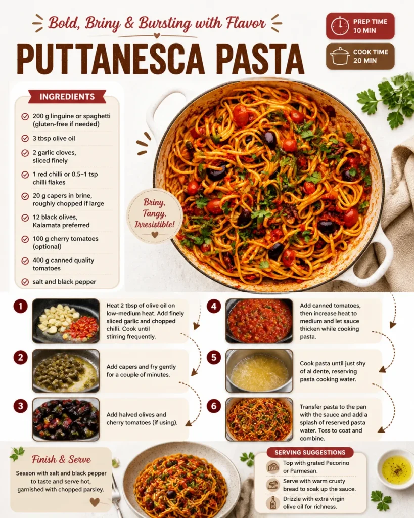 Plate of Pasta Puttanesca with olives, capers, and tomatoes