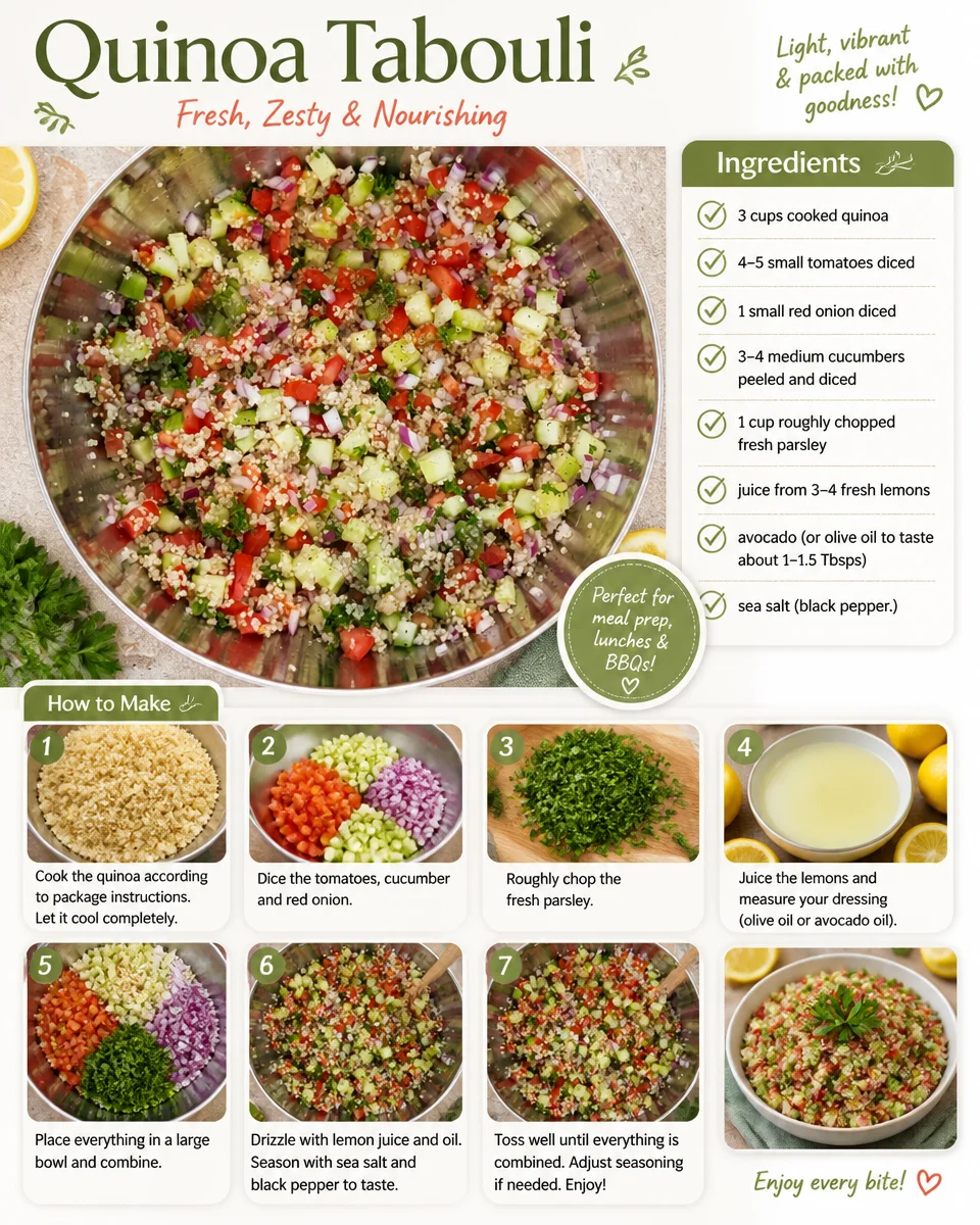 Fresh Quinoa Tabouli salad with herbs, vegetables, and lemon dressing.