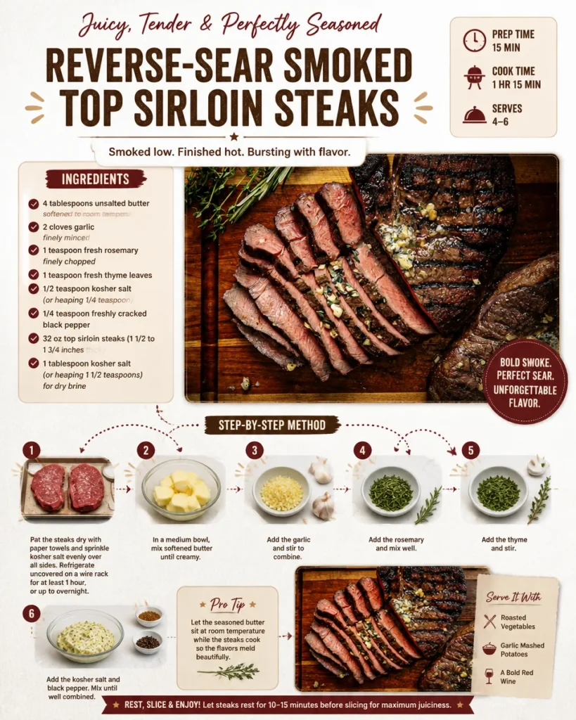 Delicious reverse-sear smoked top sirloin steak with a perfectly golden crust