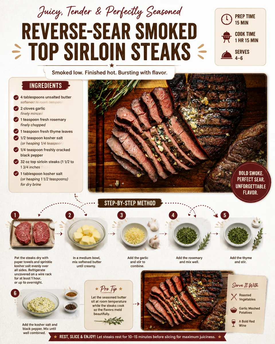 Delicious reverse-sear smoked top sirloin steak with a perfectly golden crust