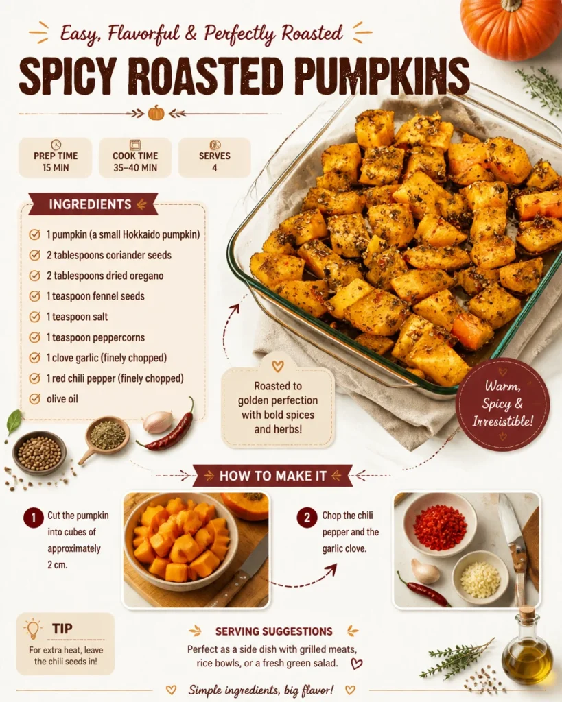 Bowl of spicy roasted pumpkins topped with herbs and spices