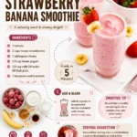 A refreshing strawberry banana smoothie in a glass, garnished with fresh strawberries.