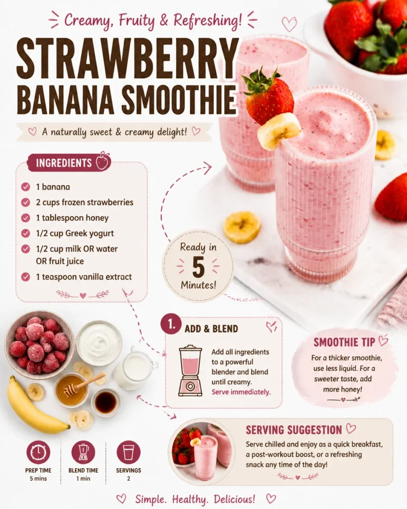 A refreshing strawberry banana smoothie in a glass, garnished with fresh strawberries.