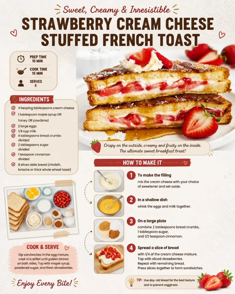 Delicious Strawberry Cream Cheese Stuffed French Toast topped with fresh strawberries